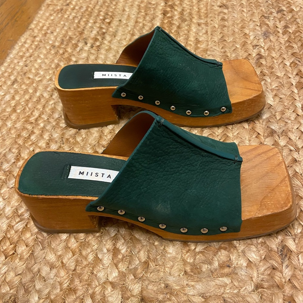 Miista green and brown leather and wood clog
